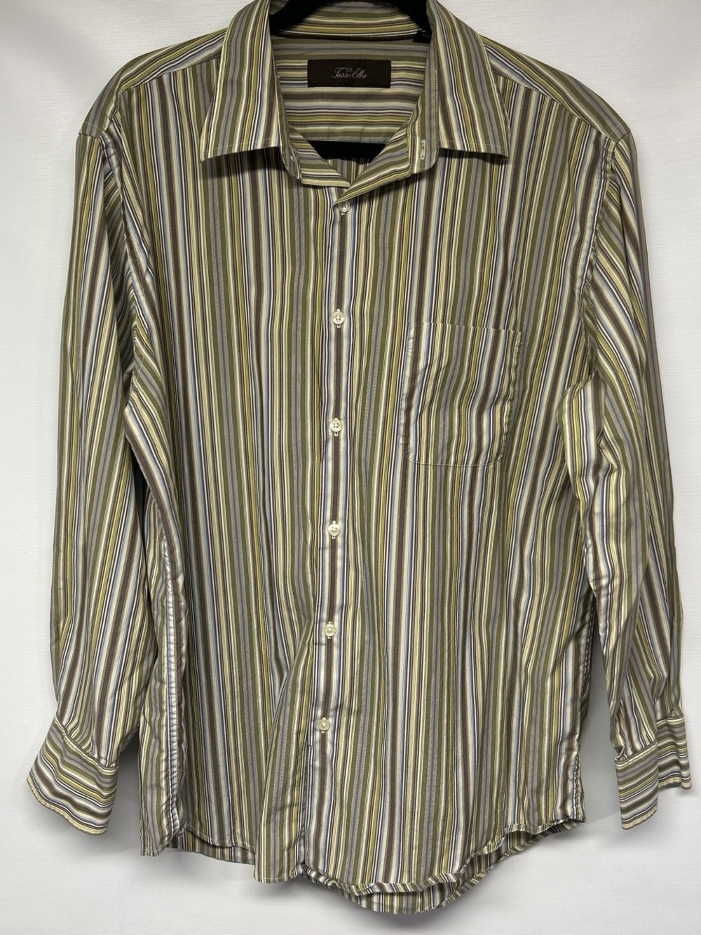 Tasso Elba Men's Striped Dress Shirt in Olive, Gray and White